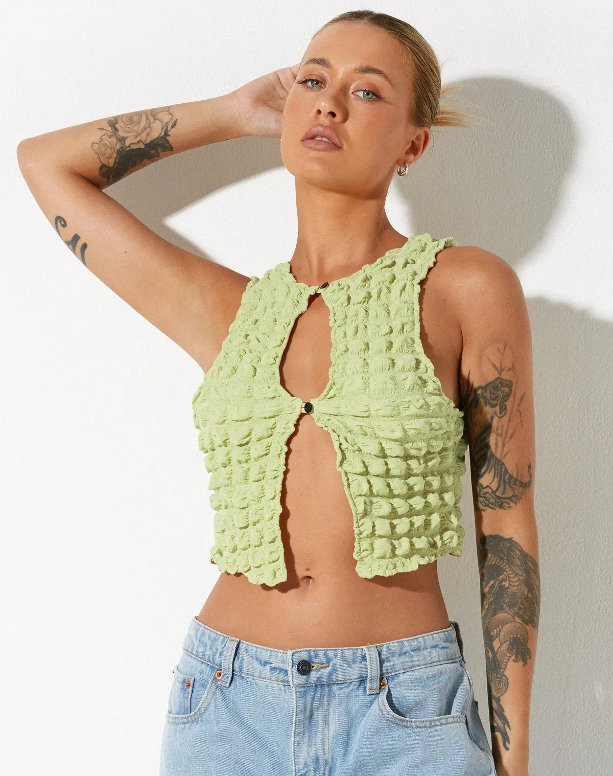 Neno Crop Top In Big Bubble Jersey Pastel Lime 1