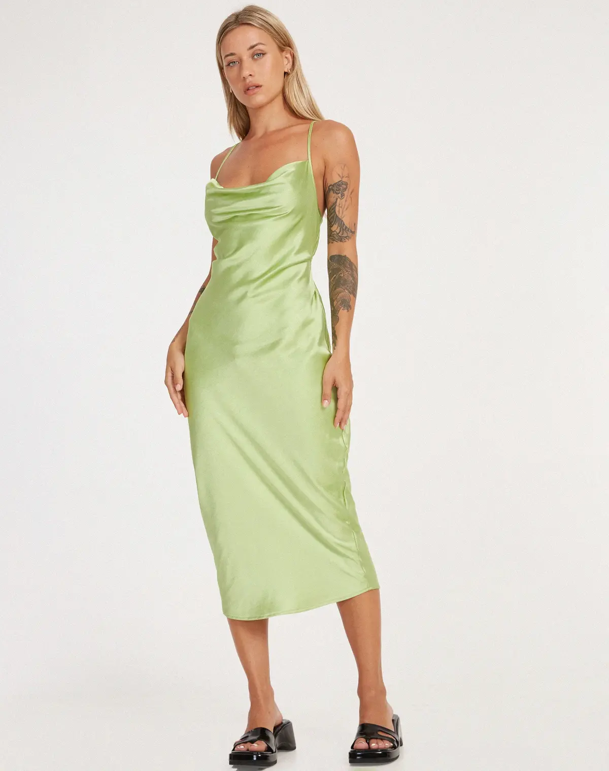Palasha Midi Dress In Satin Lime Green 3