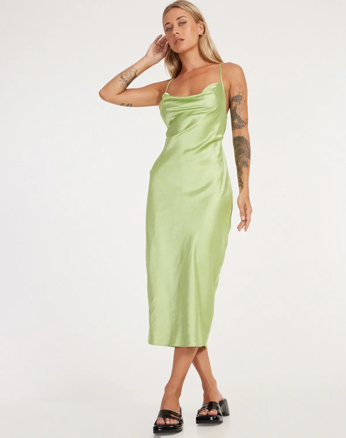 Palasha Midi Dress In Satin Lime Green 1