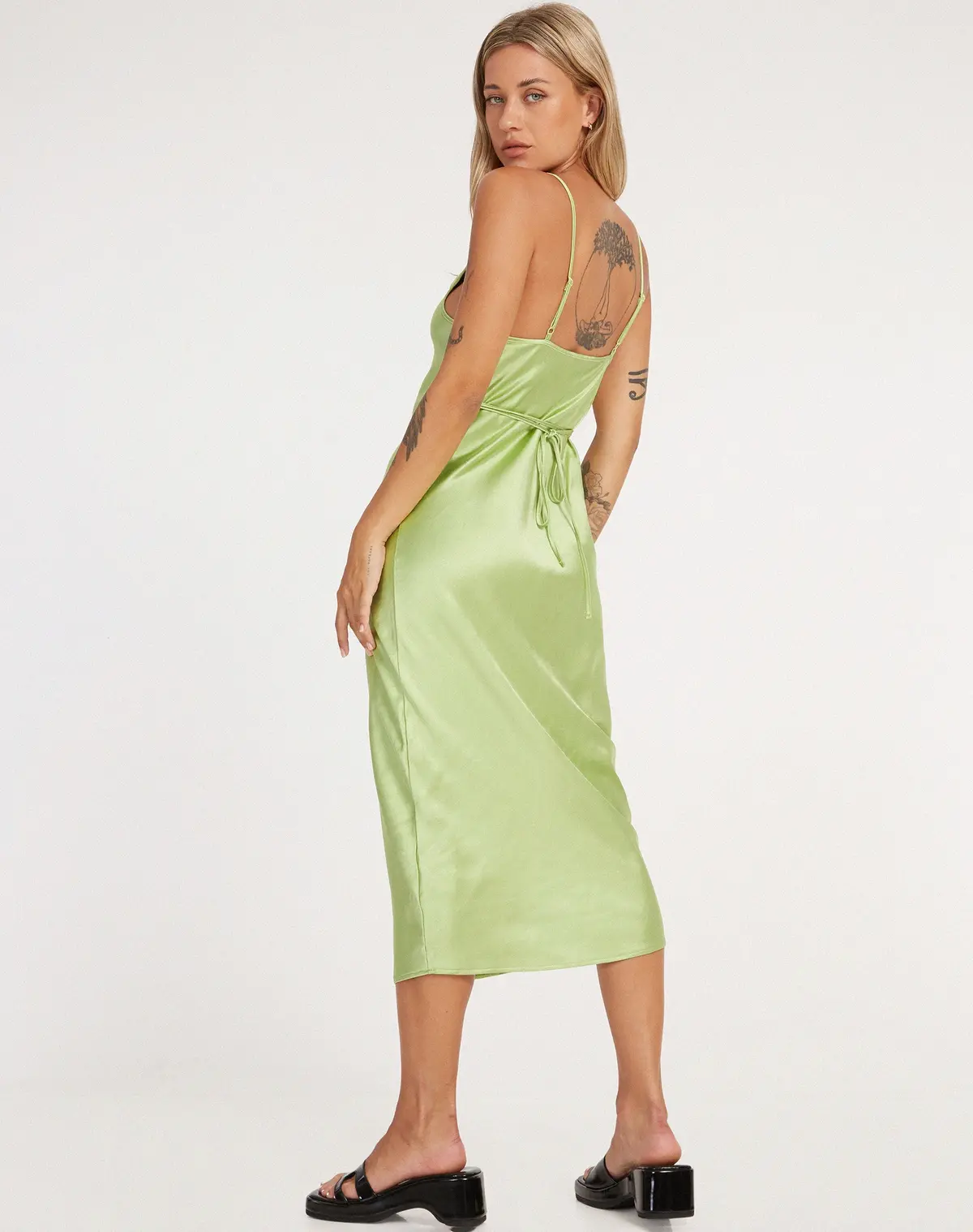 Palasha Midi Dress In Satin Lime Green 2