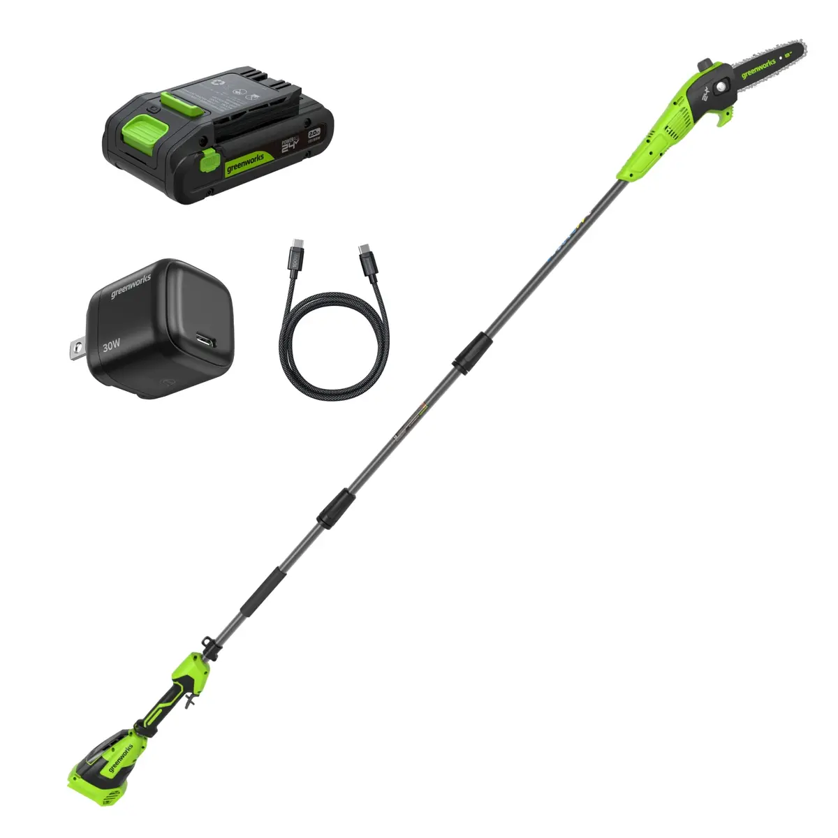 24V Brushless 8" Pole Saw, 2.0Ah Battery And 30W Type-C Charger (3-Ft) Included 1