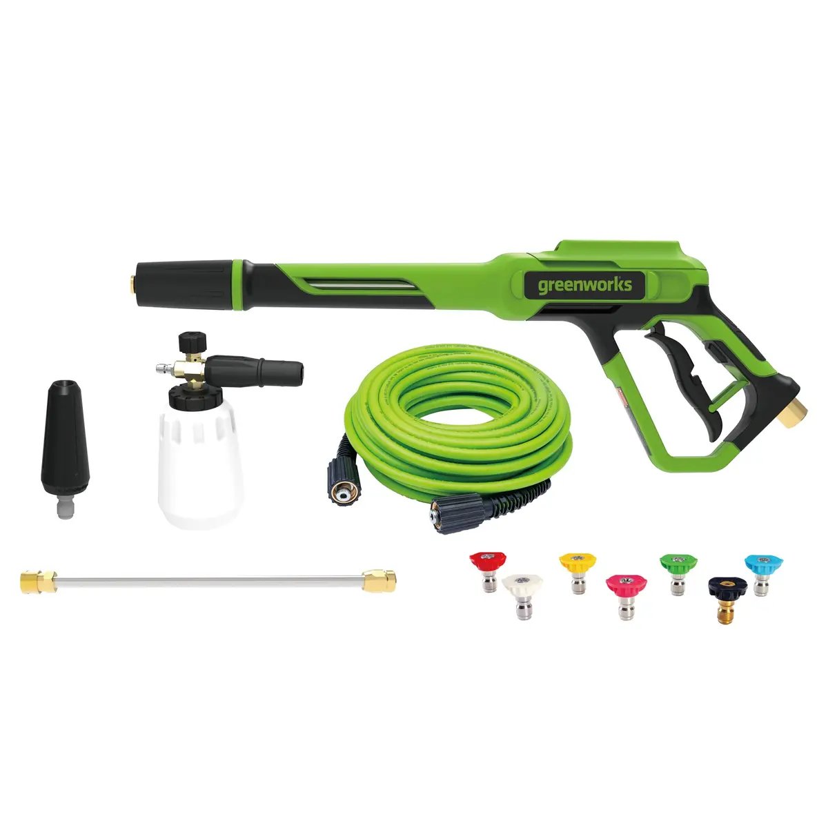 Greenworks Deluxe Metal Gun & Hose Kit, Includes 7-Piece Nozzle Kit, Turbo Nozzle & Foam Cannon 1