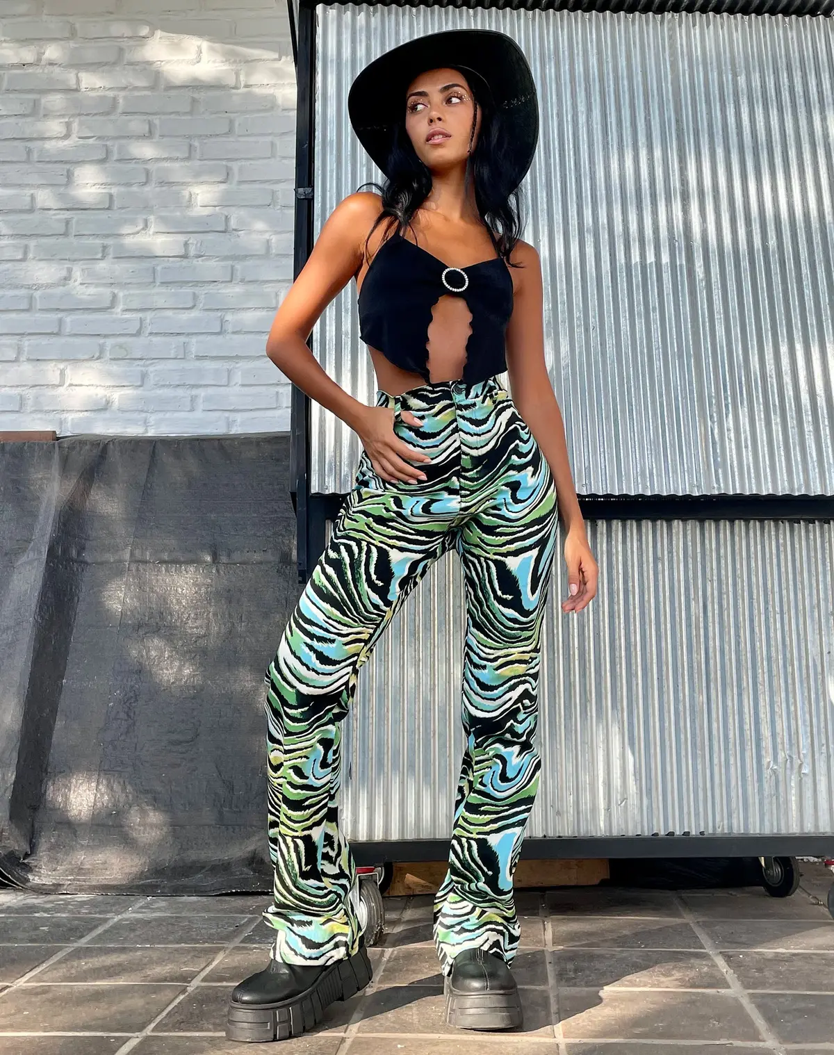 Zoven Flare Trouser In Warped Zebra Blue 1