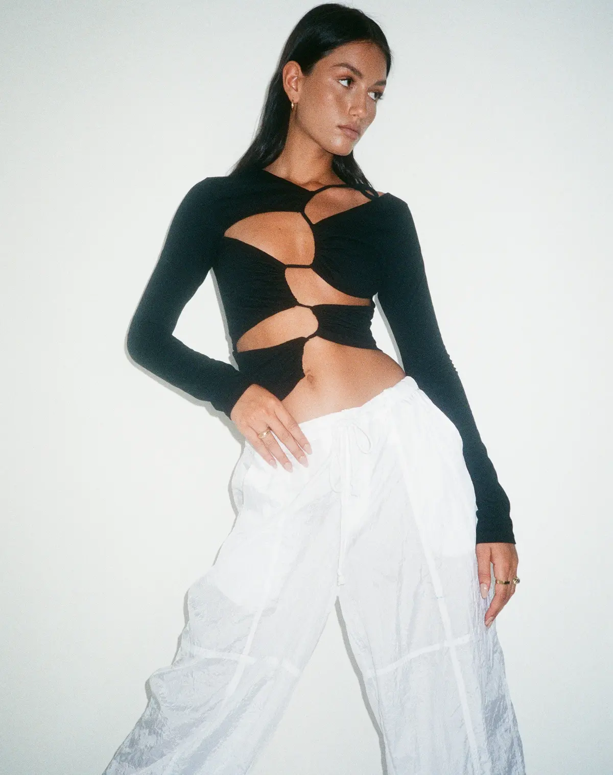 Motel X Olivia Neill Rajina Cut Out Long Sleeve Top In Lycra Black 3