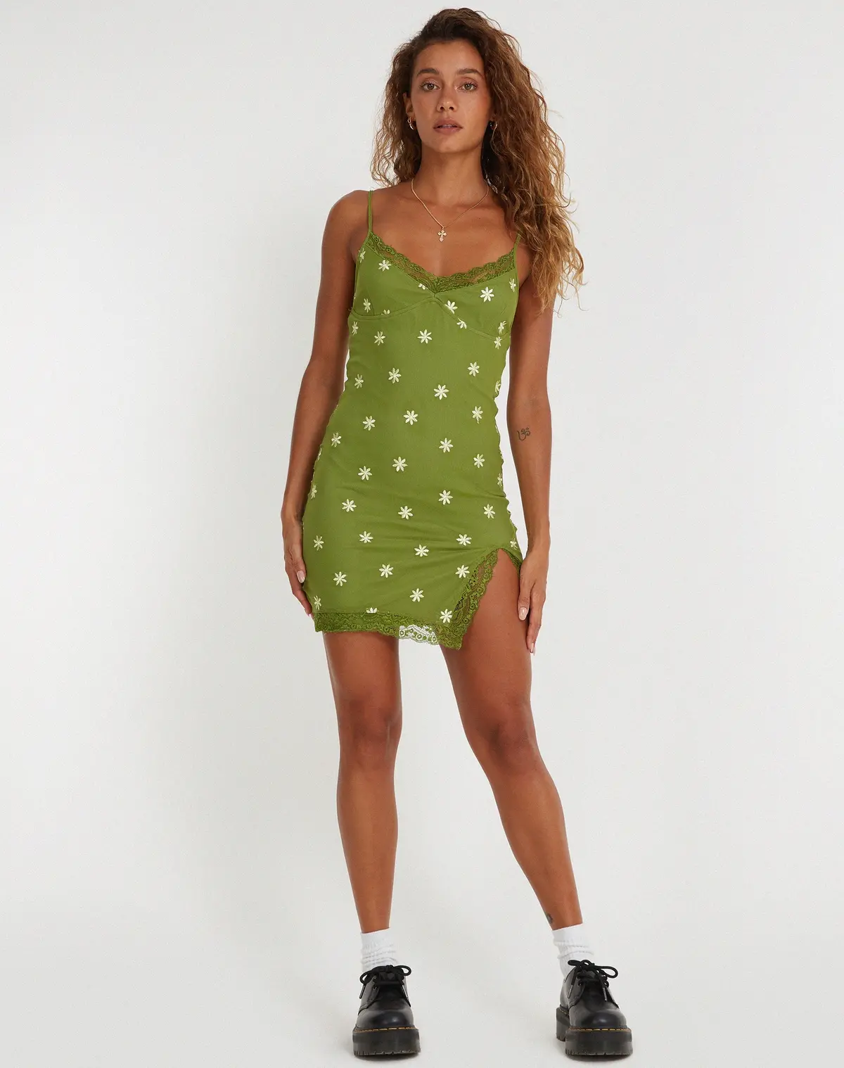 Daisy Mini Dress In Moss Green Custard Daisy Embro 3