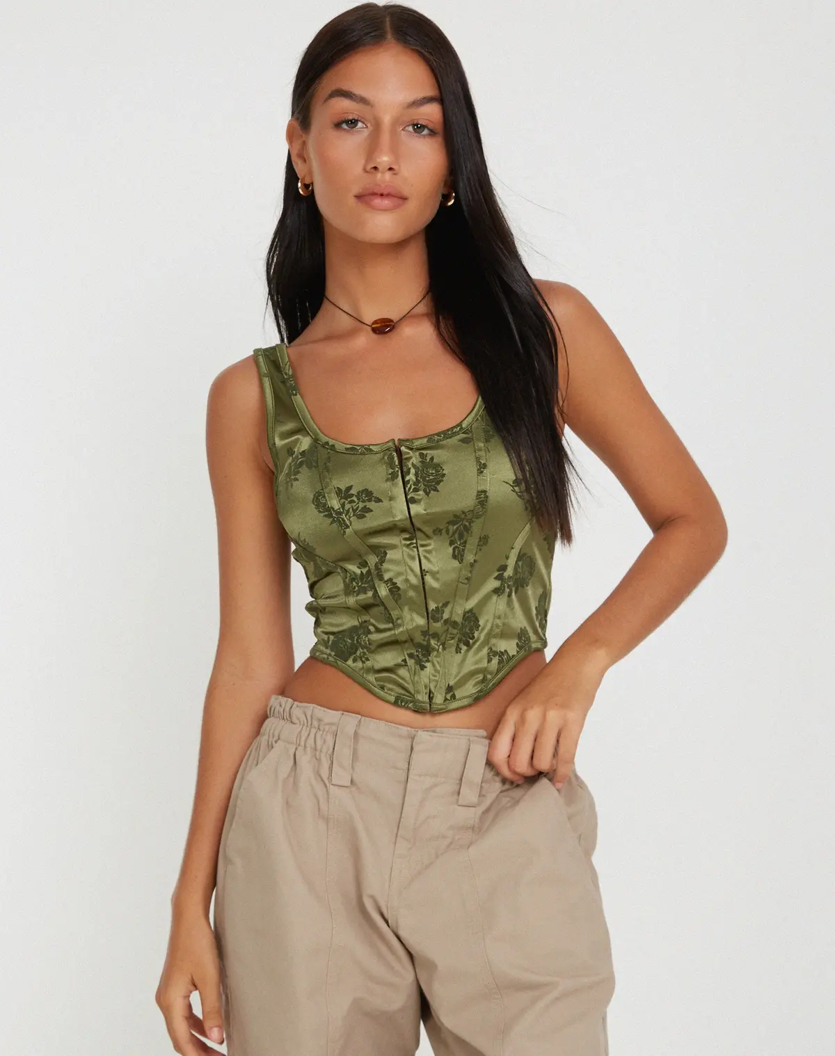 Elciva Corset Top In Rose Flock Loden Green 1