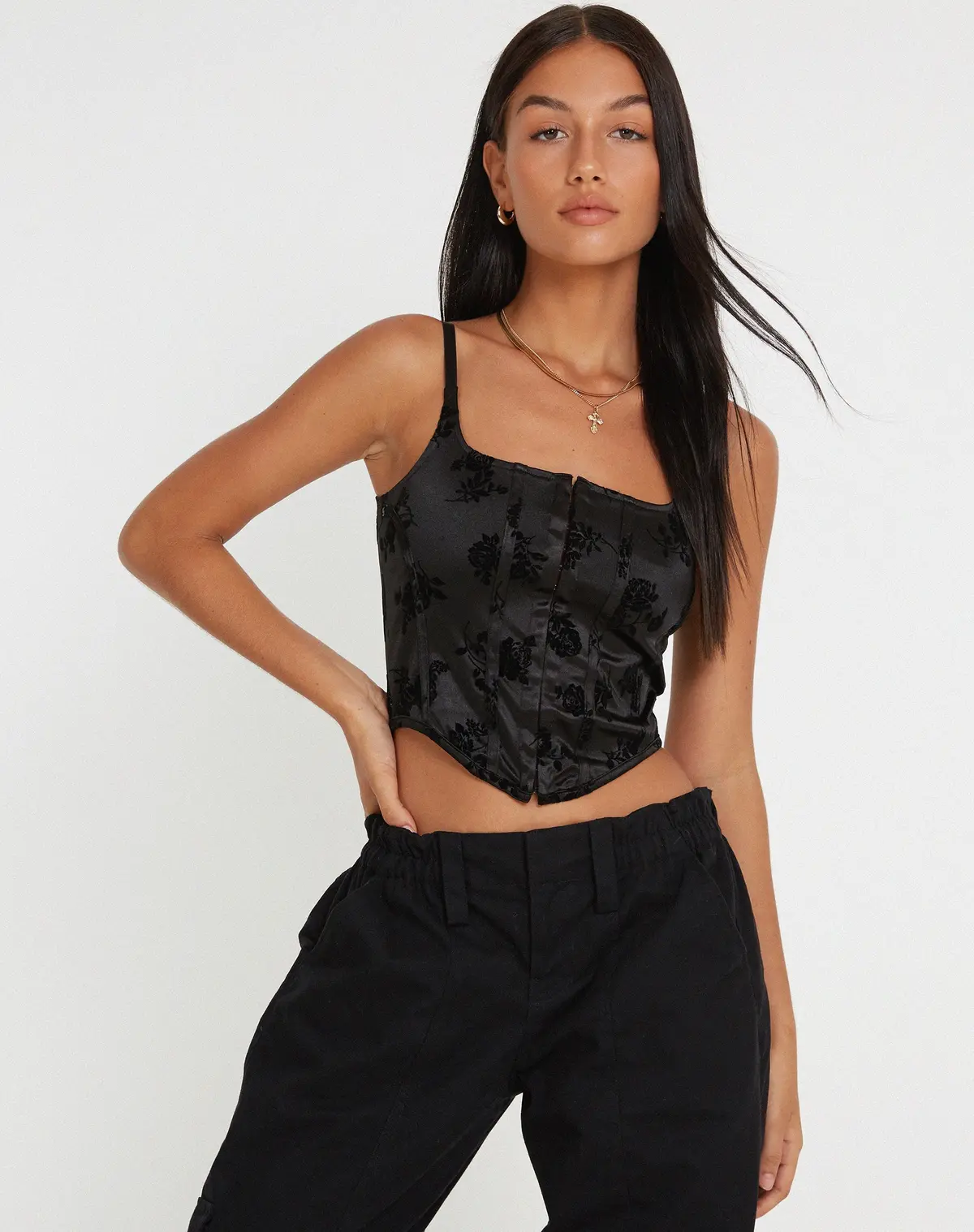 Ello Corset Top In Black Rose Flock 1