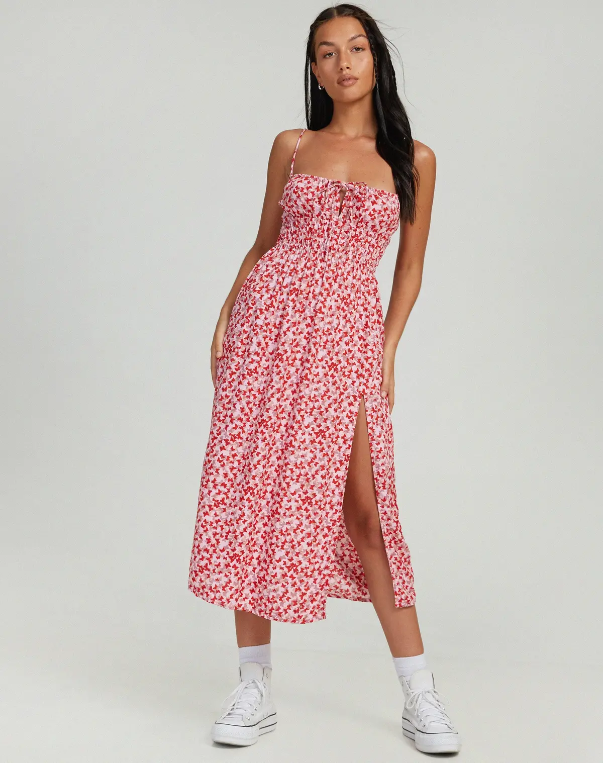 Jeyro Midi Dress In Ditsy Butterfly Peach And Red 1