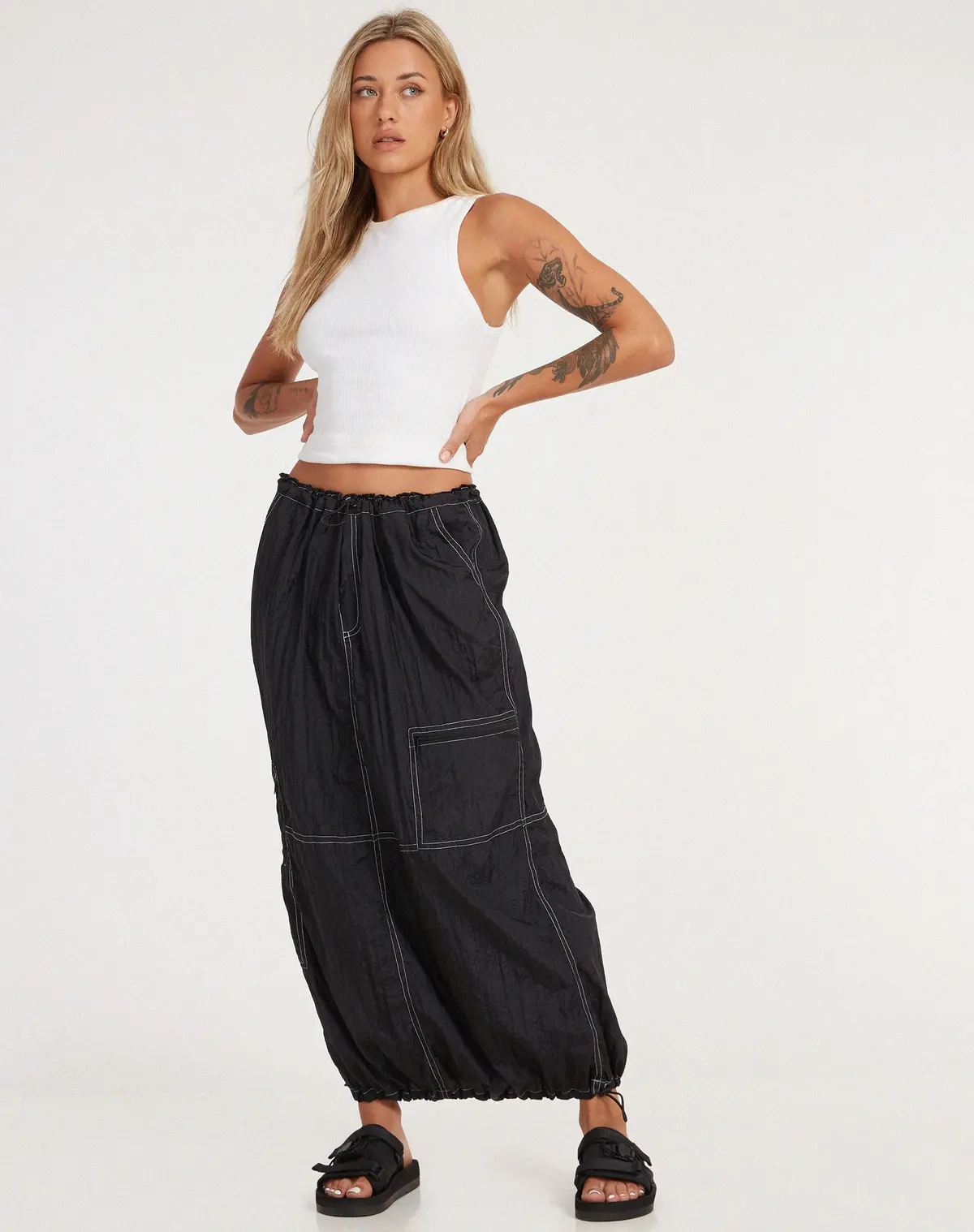 Masao Maxi Skirt In Parachute Black With White Stitch 1