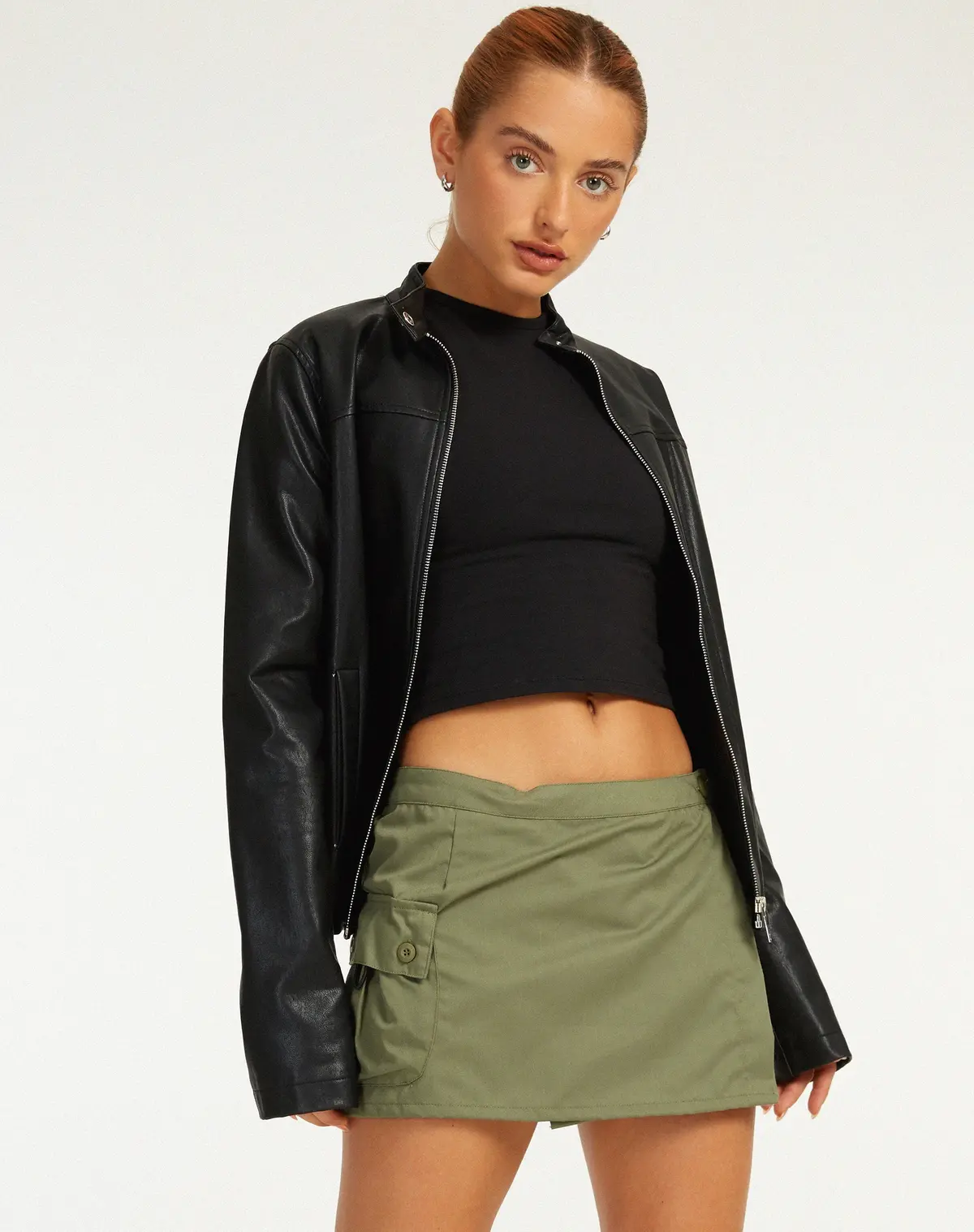 Motel X Barbara Zephyr Mini Cargo Skirt In Cotton Drill Olive 4
