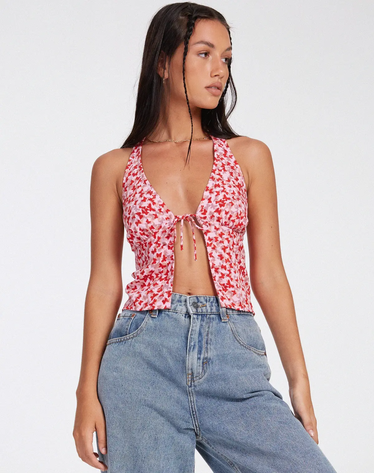 Roula Halter Top In Ditsy Butterfly Peach Red 1