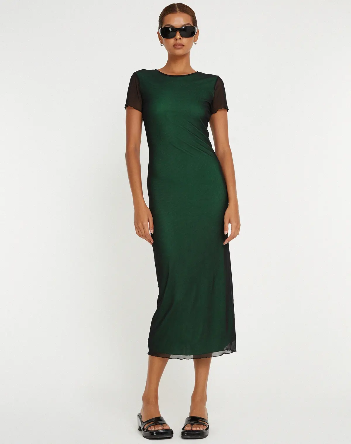 Roska Midi Dress In Black With Vibrant Green Lining 1