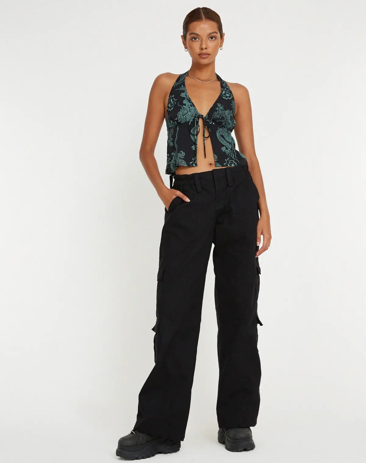 Roula Halter Top In Dragon Flower Black Mint 3