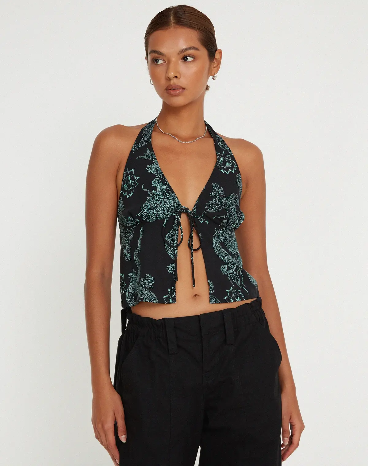 Roula Halter Top In Dragon Flower Black Mint 1