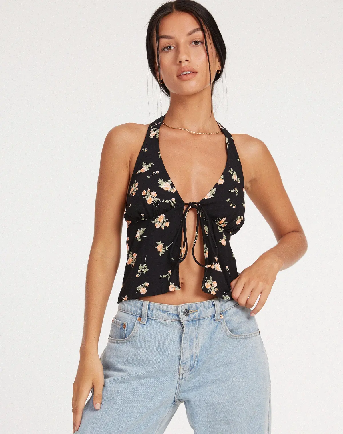 Roula Halter Top In Rose Garden Black 1
