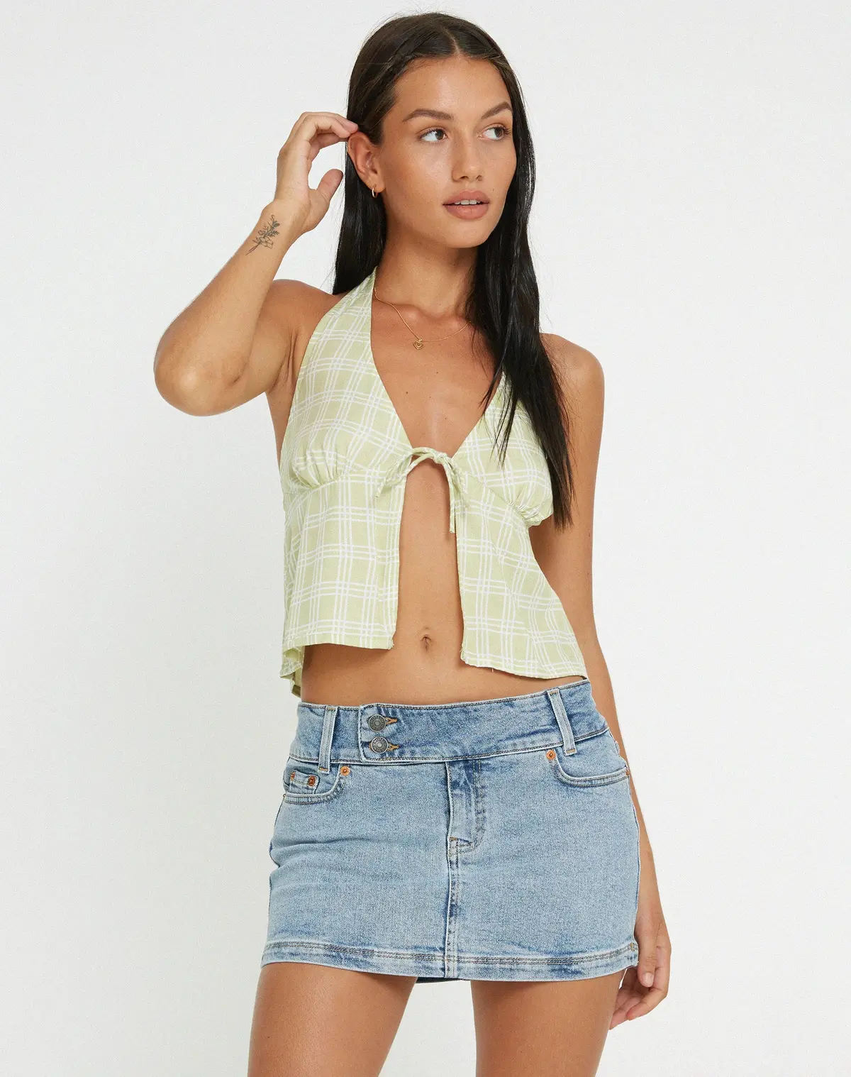 Roula Halter Top In Sage Check 1