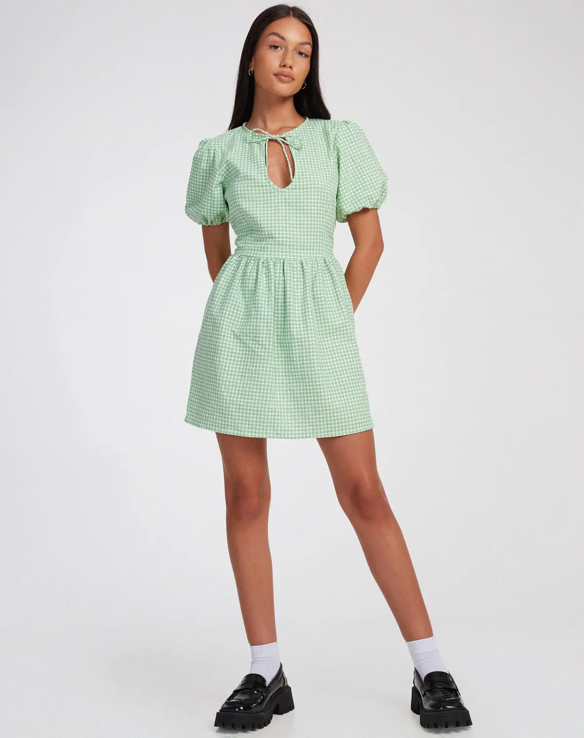 Sashio Mini Dress In Mini Gingham Green 3