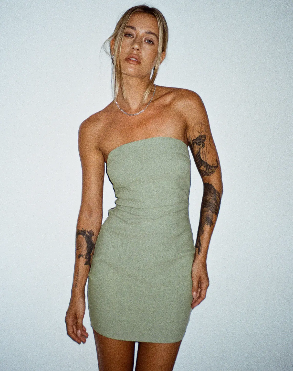 Siria Bandeau Mini Dress In Tailoring Sage Grey 1