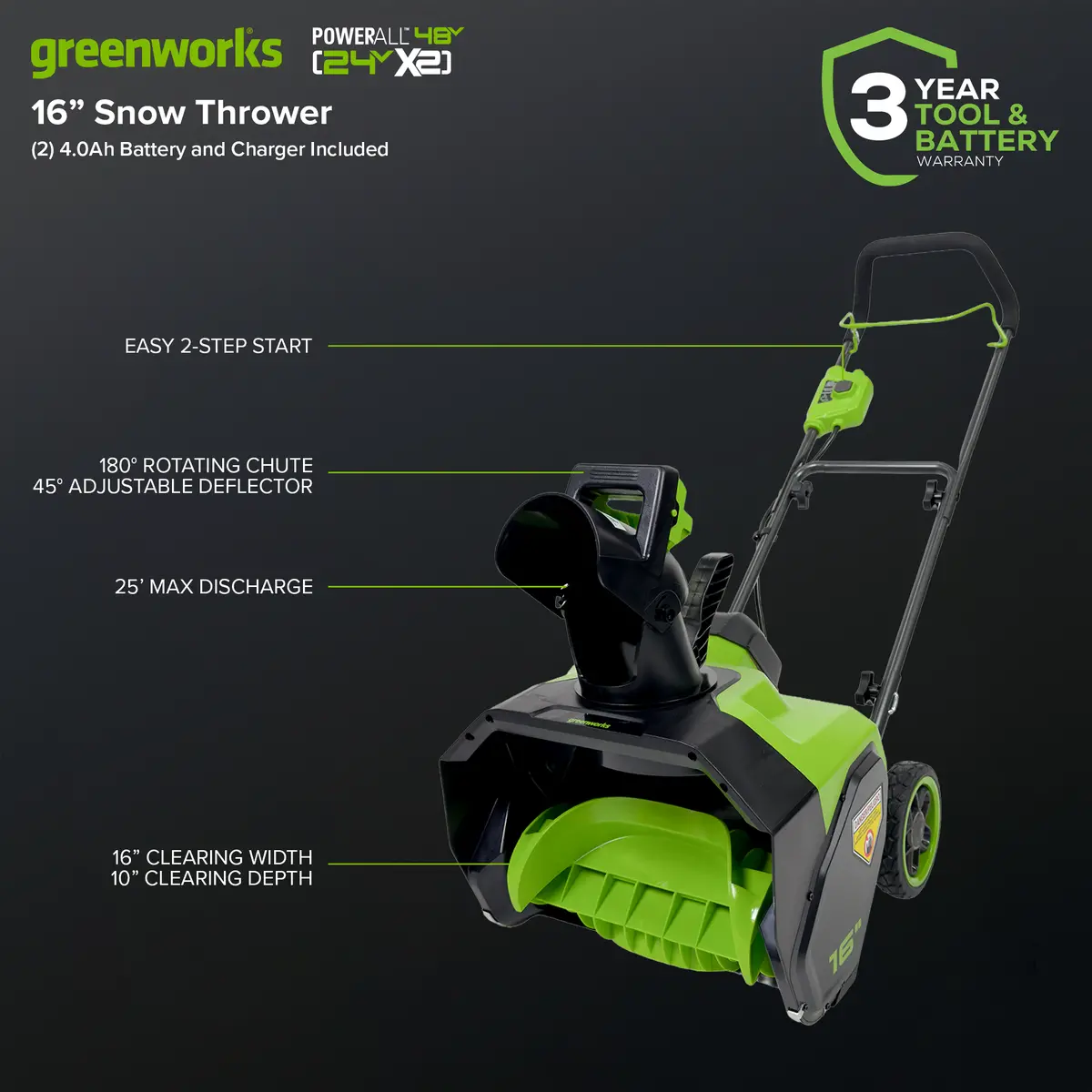 48V (24V X 2) 16" Cordless Snow Thrower (Tool Only) 2