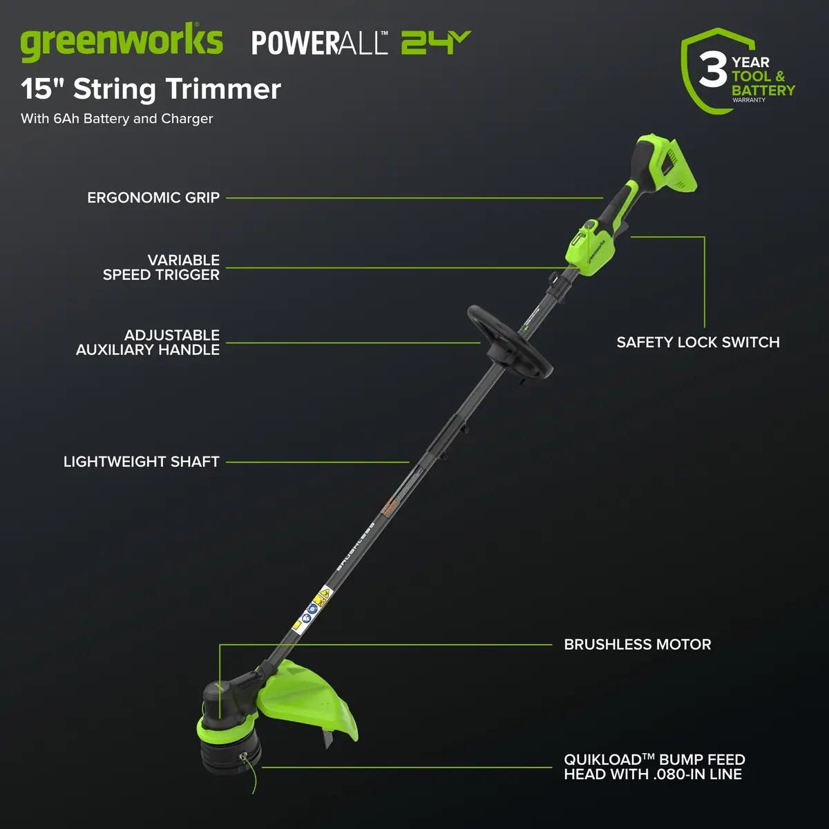 24V 15" Brushless String Trimmer, 6.0Ah Battery And 65W Type-C Charger With 3-Ft Cable Included 2
