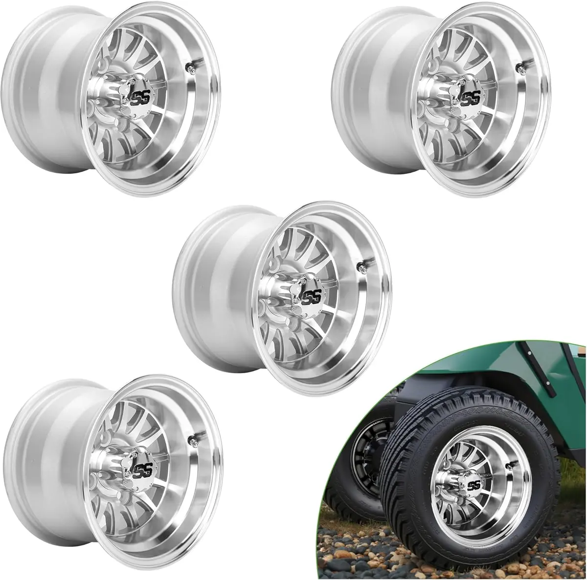 Aluminum Golf Cart Wheel Rims 10" Upgraded 4-Piece Set With Ss Center Caps - 10L0l 1