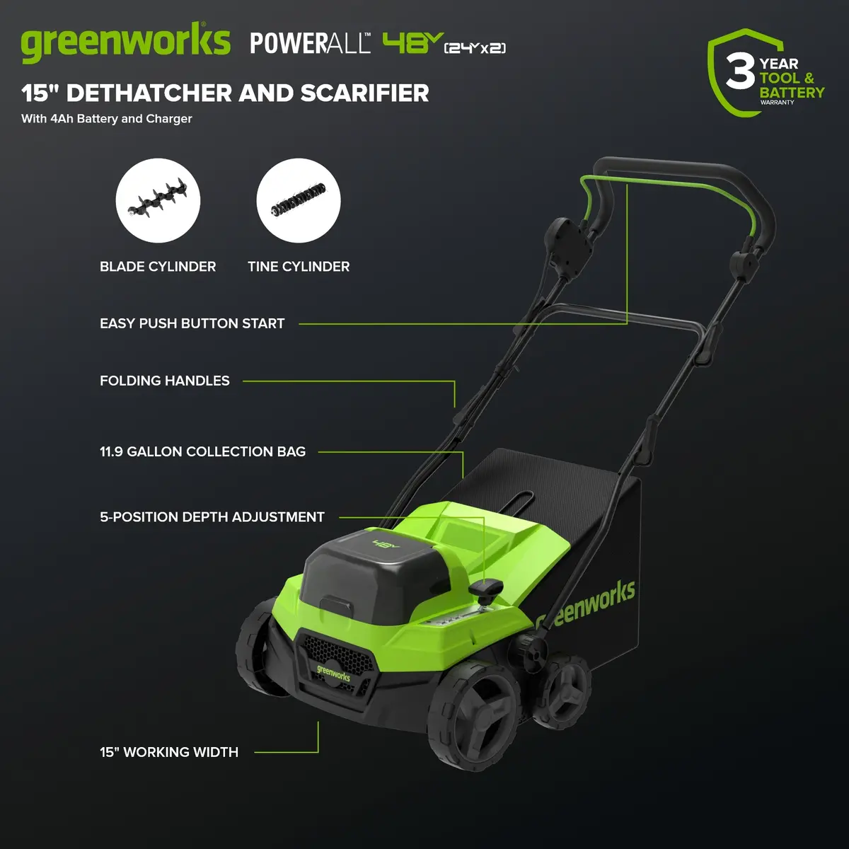 48V (24V X 2) 15" Cordless Battery Dethatcher/Scarifier, (2) 4.0Ah Batteries And 65W Charger Included 2