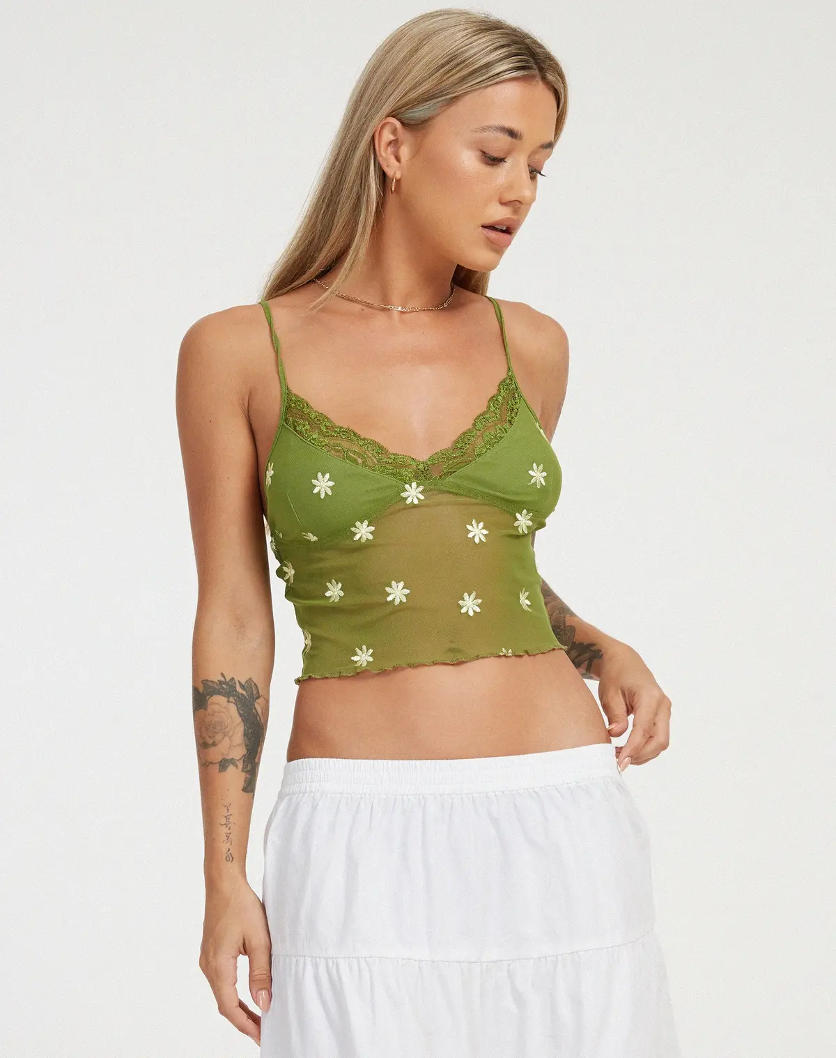 Yenika Cami Top In Moss Green Custard Daisy Embro 1