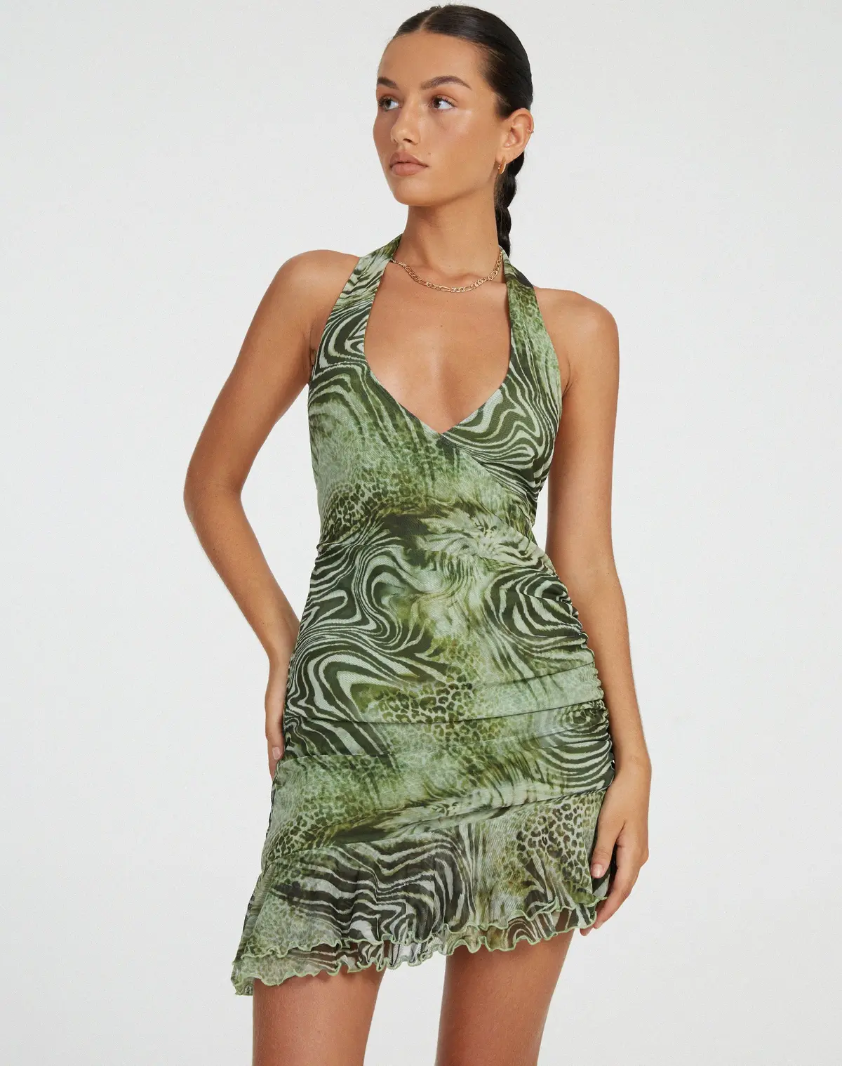Yubila Mini Dress In Mesh Cheetah Green 3