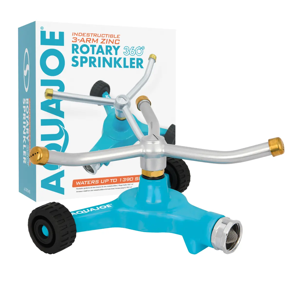 Aqua Joe Aj-Trswb Indestructible 3-Arm Zinc Rotary 360° Sprinkler | Wheeled Base | 1,390 Sq. Ft. Max Coverage 1