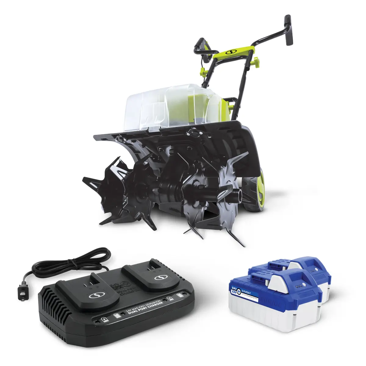 Sun Joe 48-Volt* Ionmax Cordless Garden Tiller + Cultivator Kit | W/ 2 X 4.0-Ah Batteries + Dual Port Charger 1
