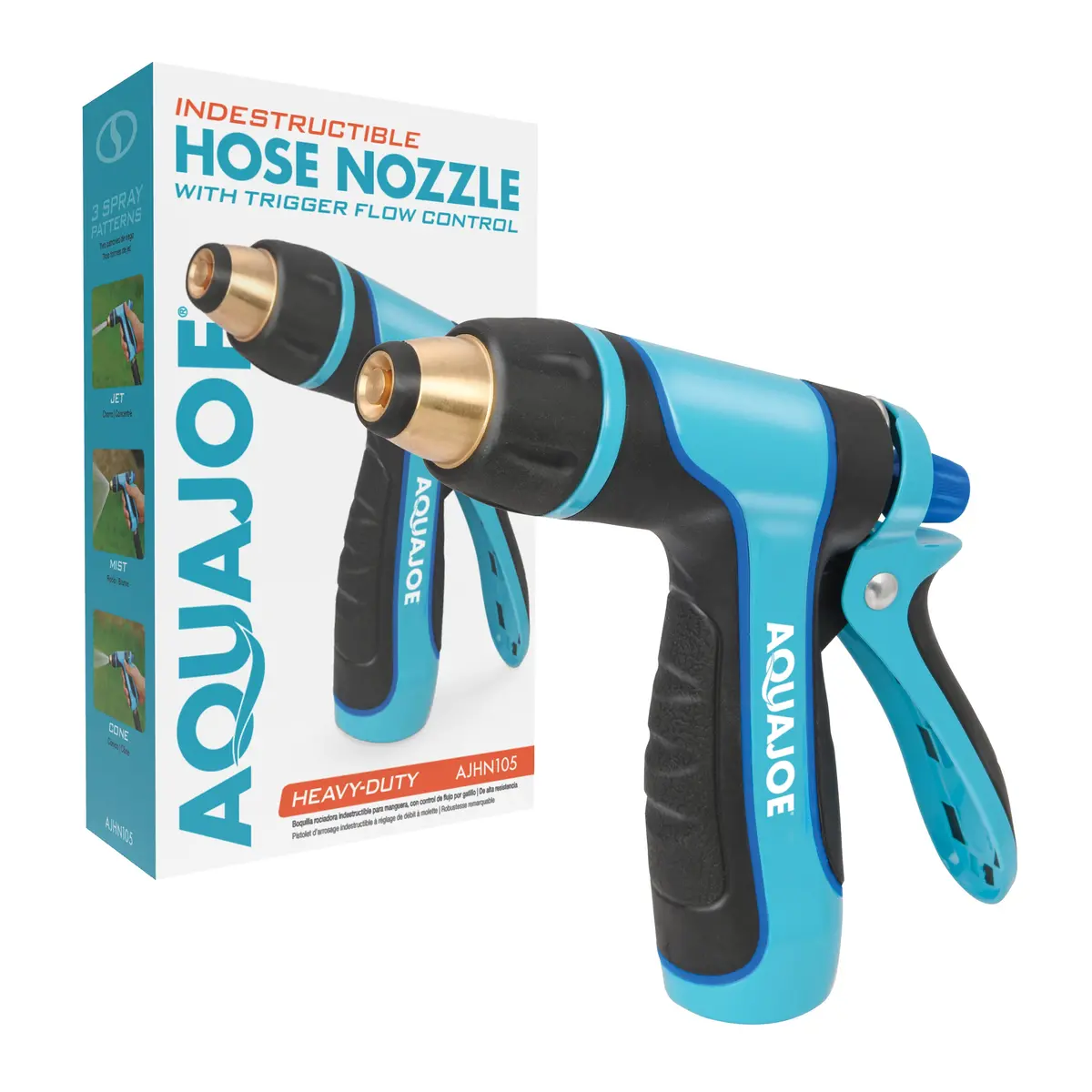 Aqua Joe Ajhn105 Indestructible Multi-Function Adjustable Hose Nozzle | Trigger Flow Control | 3 Selectable Settings 1