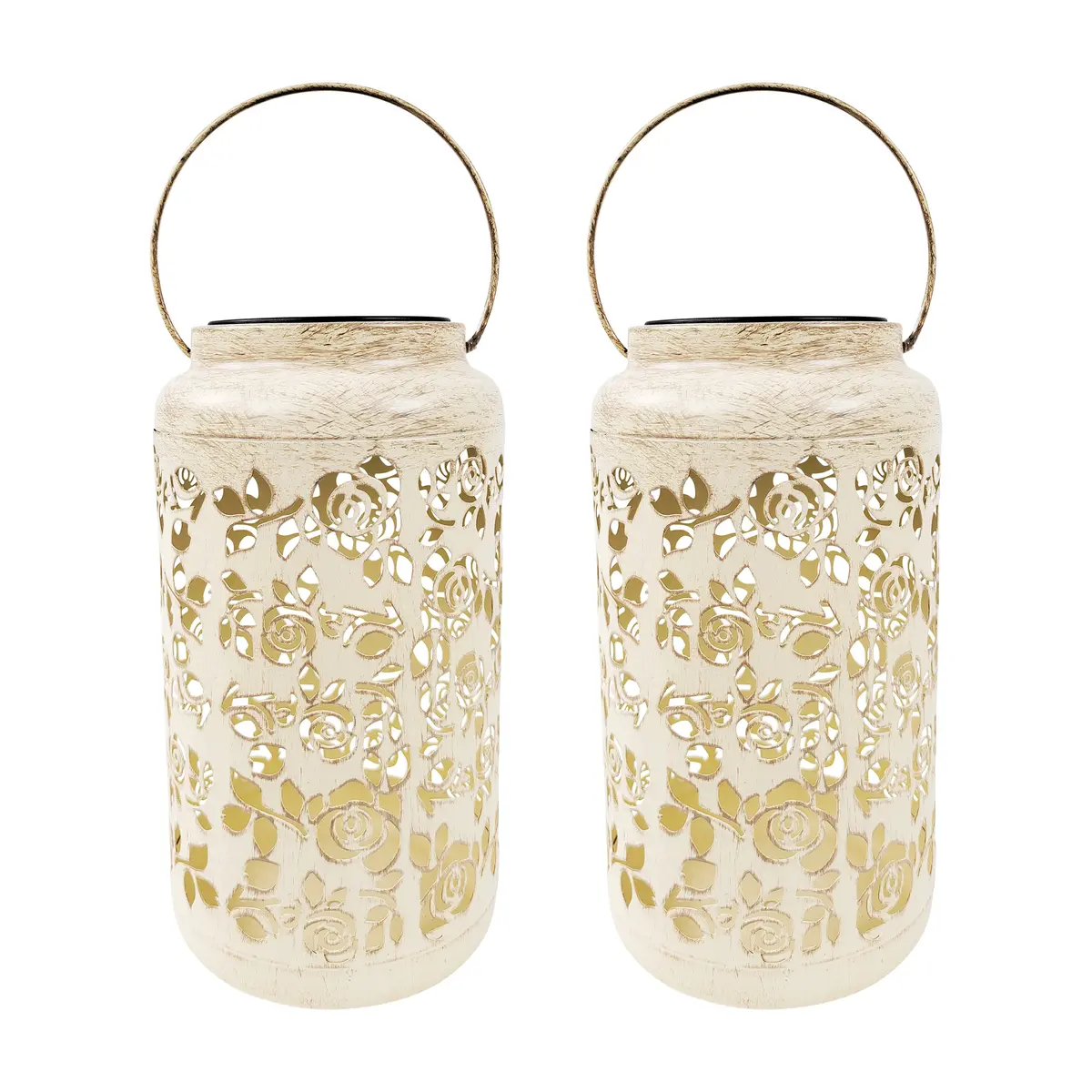 Bliss Outdoors Bsl-313-Wh Set Of 2 Solar Led Lanterns W/ Rose Design & Hand Painted Finish | 9-In. Tall | Waterproof Ip44 (White) 2