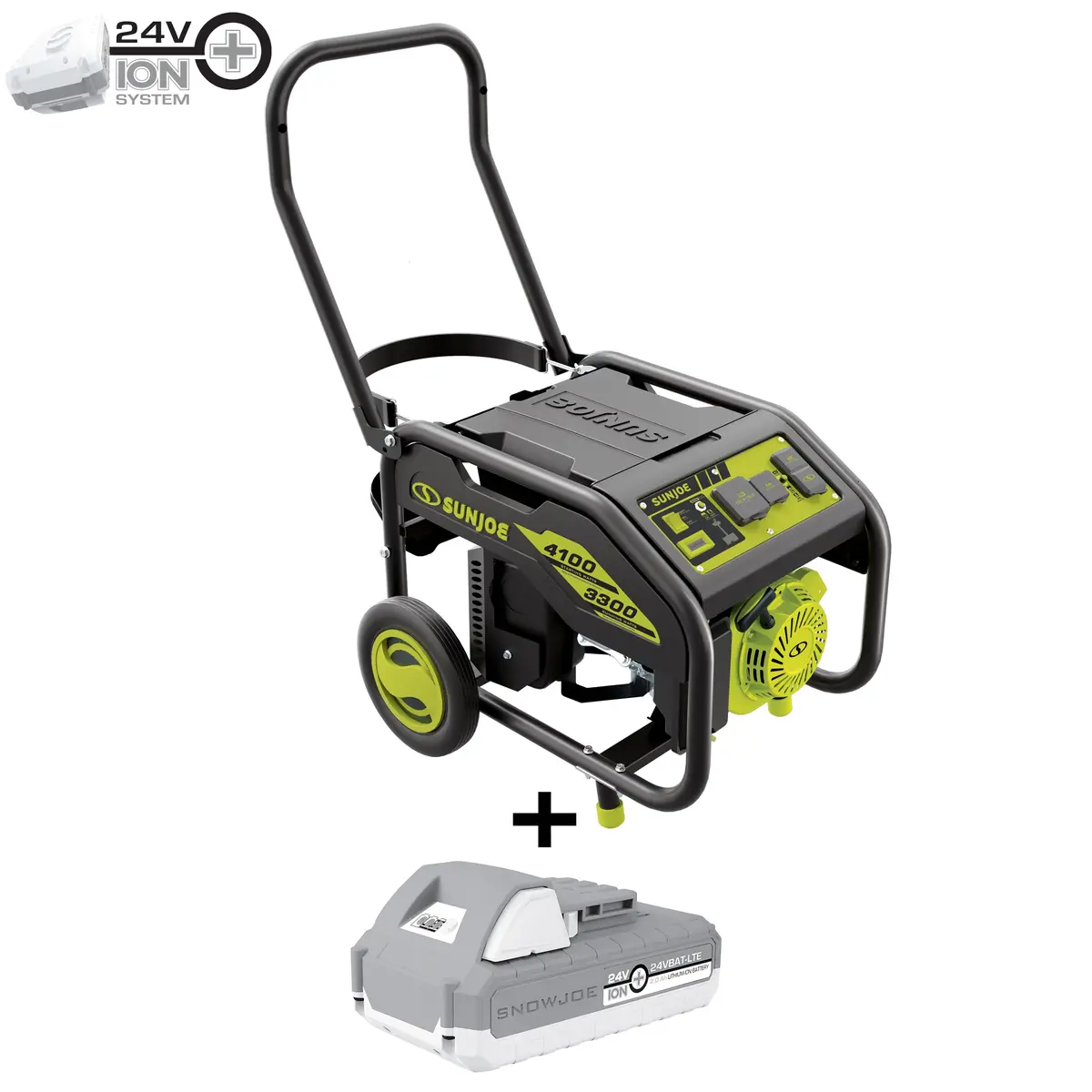 Sun Joe Sjg4100lp Portable Propane Generator | Push-Button Electric + Recoil Start | Power Cooling System | 4100 Starting Watt | 3300 Running Watt | W/ 24V 2.0-Ah Battery And Charger 1