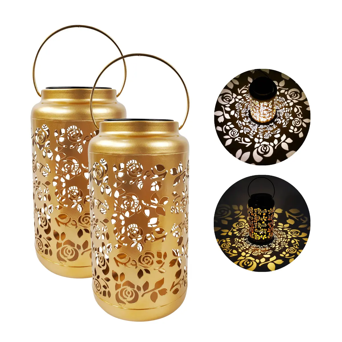Bliss Outdoors Bsl-313-G Set Of 2 Solar Led Lanterns W/ Rose Design & Hand Painted Finish | 9-In. Tall | Waterproof Ip44 (Gold) 1