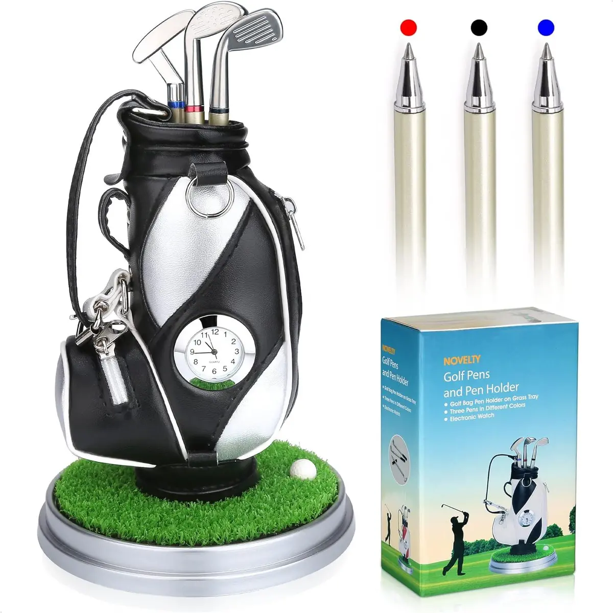 Black And Silve Mini Desktop Golf Bag Pen Holder With Golf Pens Clock Novelty Gift 1