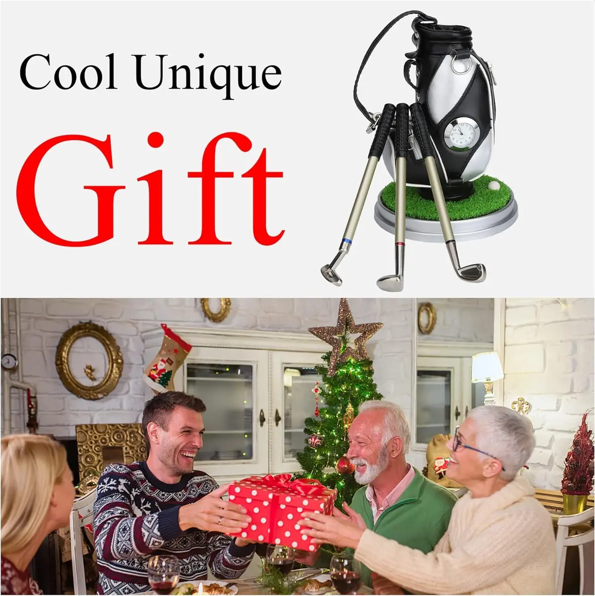 Black And Silve Mini Desktop Golf Bag Pen Holder With Golf Pens Clock Novelty Gift 2