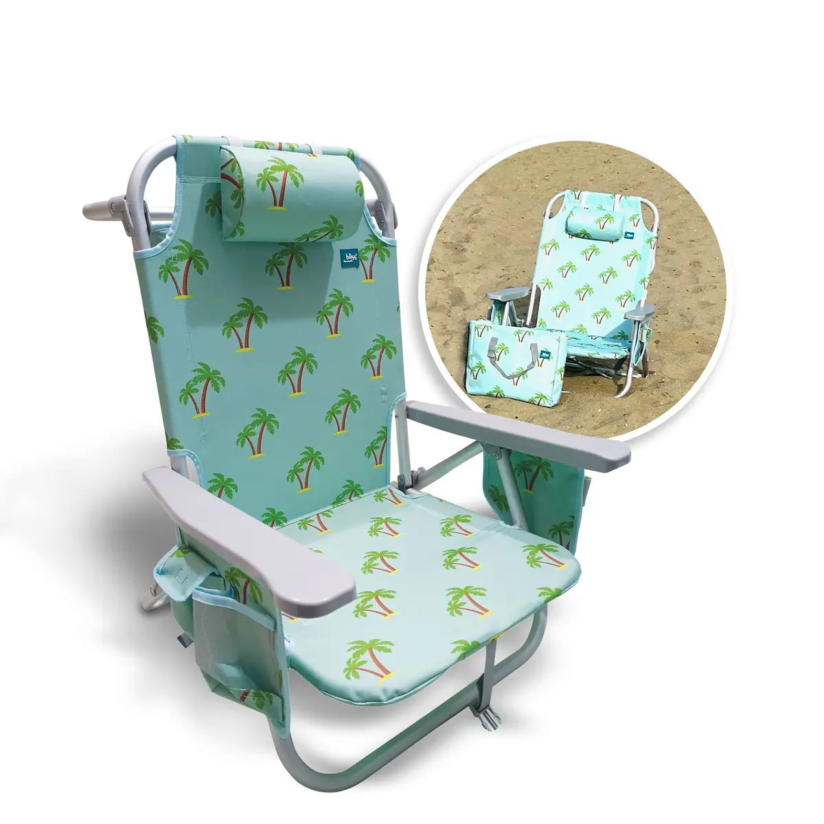 Bliss Hammocks Bbc-350-Pt Backpack Aluminum Beach Chair W/ Side Pocket & Detachable Cooler Bag | 5 Reclining Positions | 275 Lb. Capacity (Palm Tree) 1