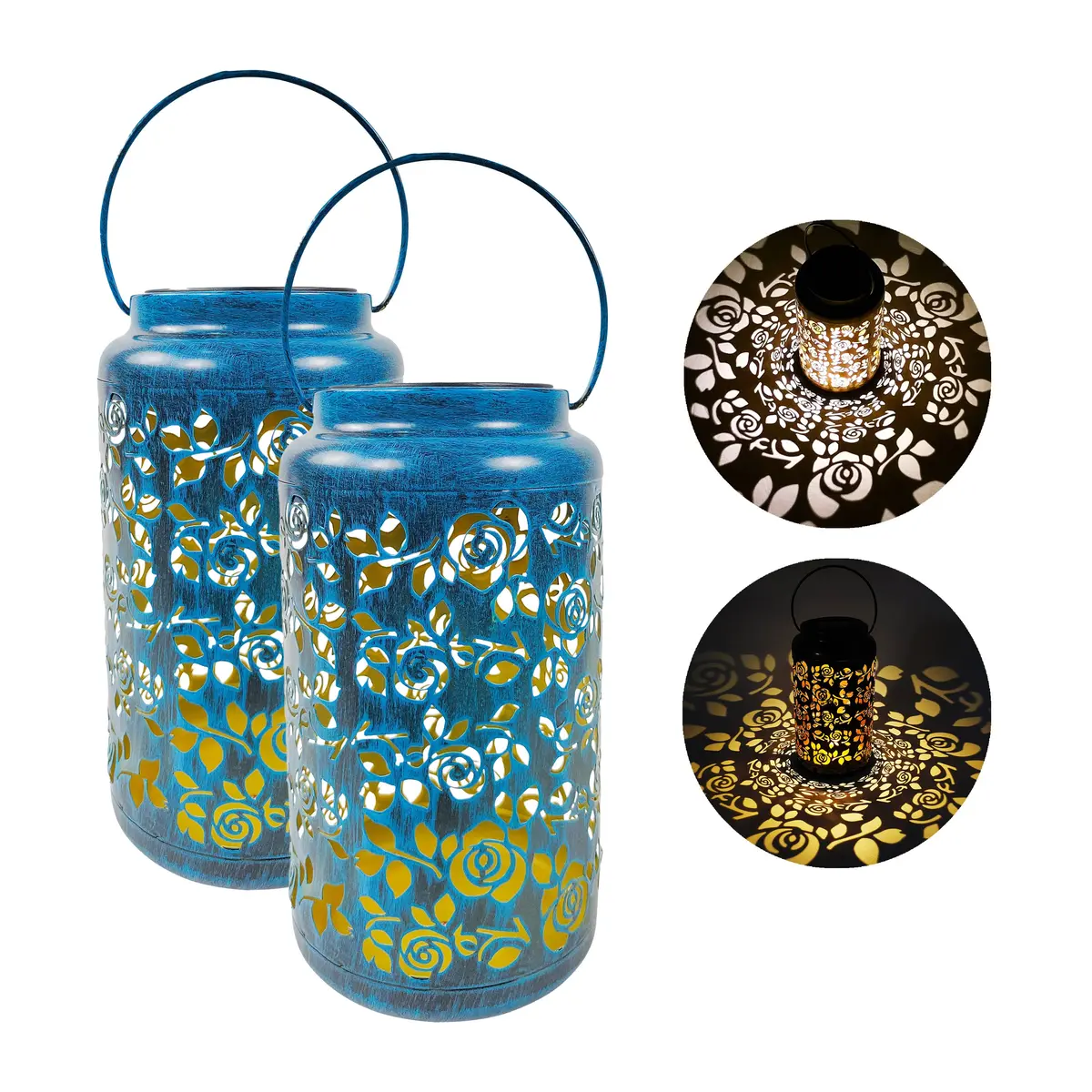 Bliss Outdoors Bsl-313-Bl Set Of 2 Solar Led Lanterns W/ Rose Design & Hand Painted Finish | 9-In. Tall | Waterproof Ip44 (Blue) 1