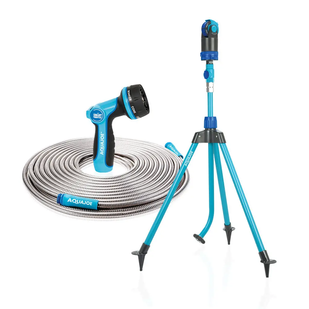 Aqua Joe Indestructible Watering Bundle | Includes Heavy Duty Stainless Steel Hose, Indestructible Multi-Function Nozzle, And Indestructible Tripod Sprinkler 1