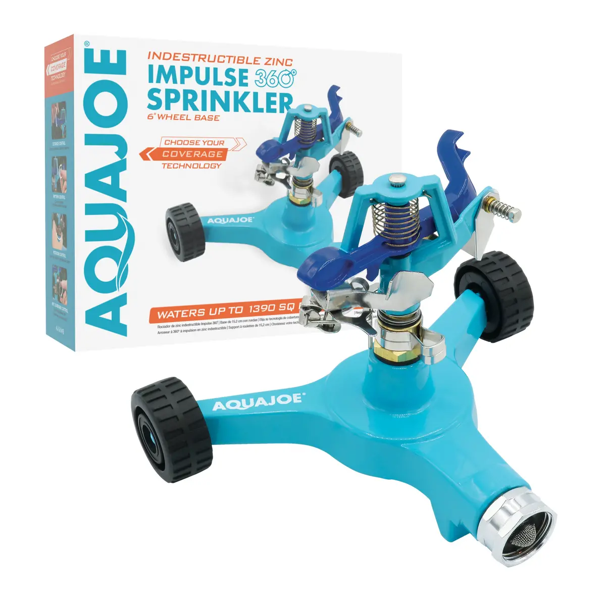 Aqua Joe Aj-Is6wb Indestructible Zinc Impulse 360° Sprinkler | Customizable Coverage | Wheeled Base | 1390 Sq Ft Max Coverage 1