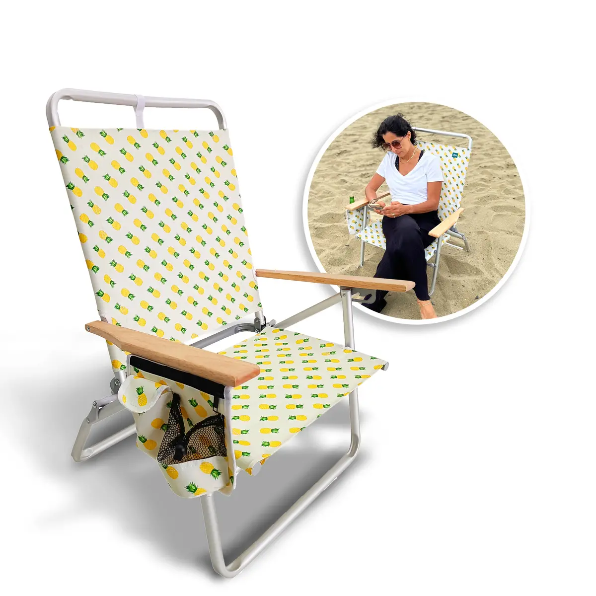 Bliss Hammocks Bbc-354-Pin Foldable Beach Chair W/ Side Pocket | 3 Reclining Positions | Storage Pouch, Phone Holder, & Cup Holder Included | 275 Lb. Capacity (Pineapple) 1