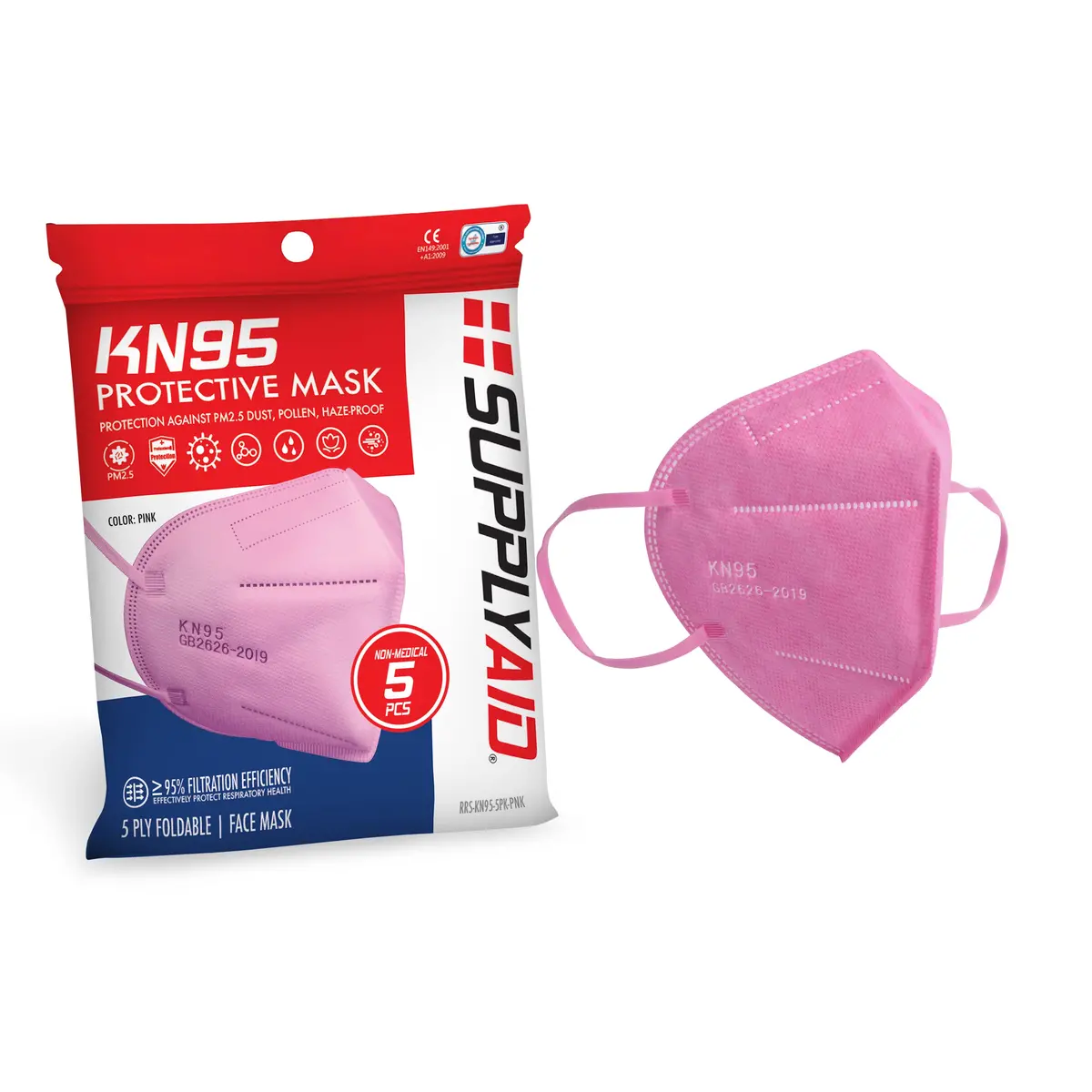 Supplyaid Rrs-Kn95-5Pk-Pnk Kn95 Protective Face Mask | Gb2626 Standard | 5-Pack (Pink) 1