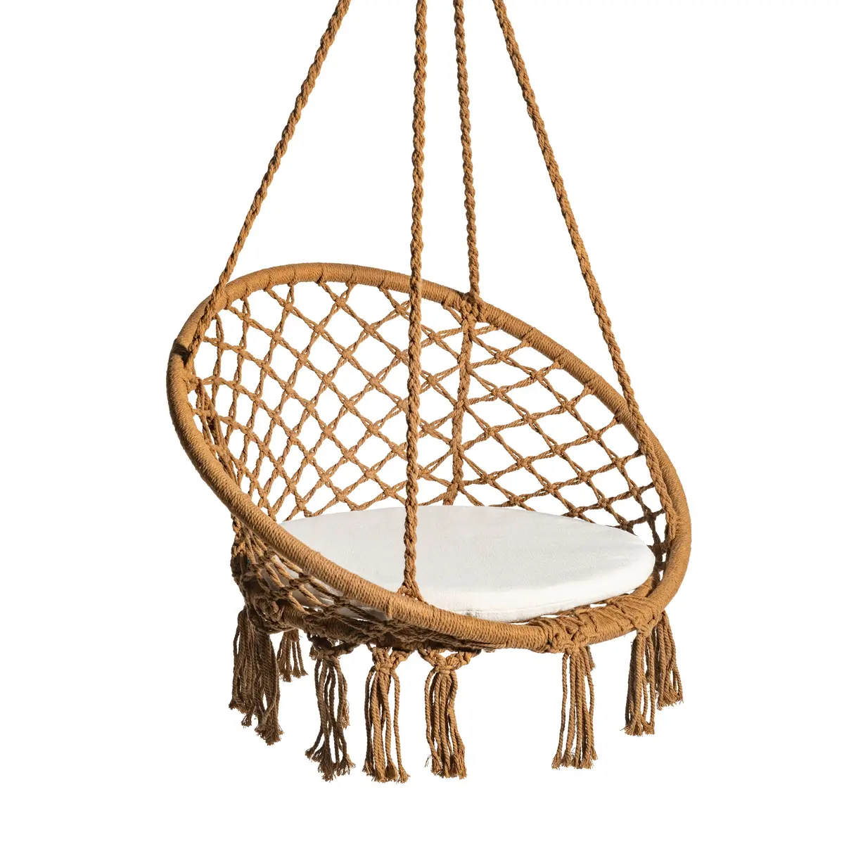 Bliss Hammocks Bhc-102Brn Macramé Swing Chair W/ Fringe & Padded Cushion | 31.5-In. Wide | Bohemian Style Design | 300 Lb. Capacity (Brown) 1
