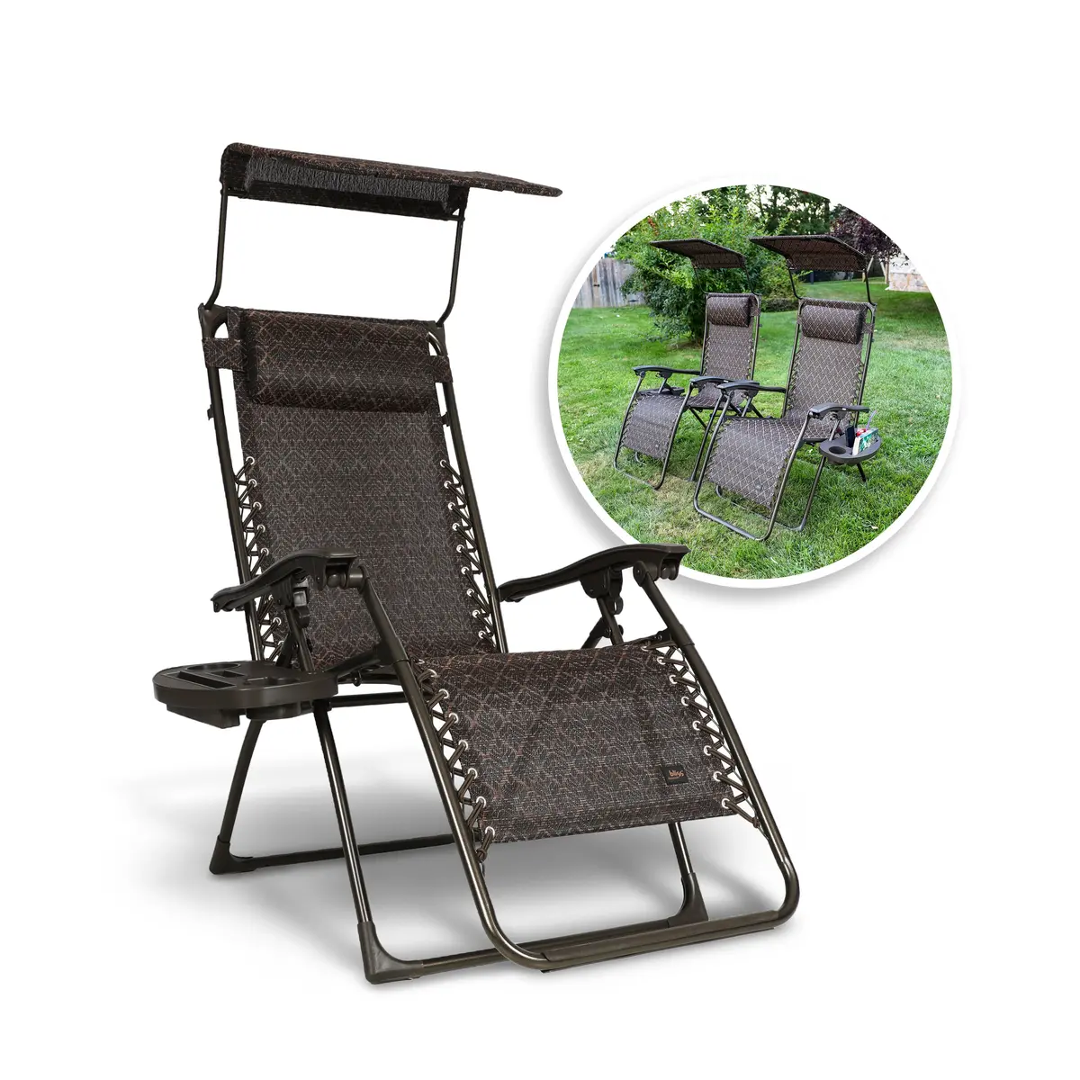 Bliss Hammocks Gfc-026-2Bl Set Of 2 Gravity Free Chairs W/ Canopy, Drink Tray, And Pillow | 26-In. Wide | Weather & Rust Resistant | 300 Lb. Capacity (Brown Leaves) 1