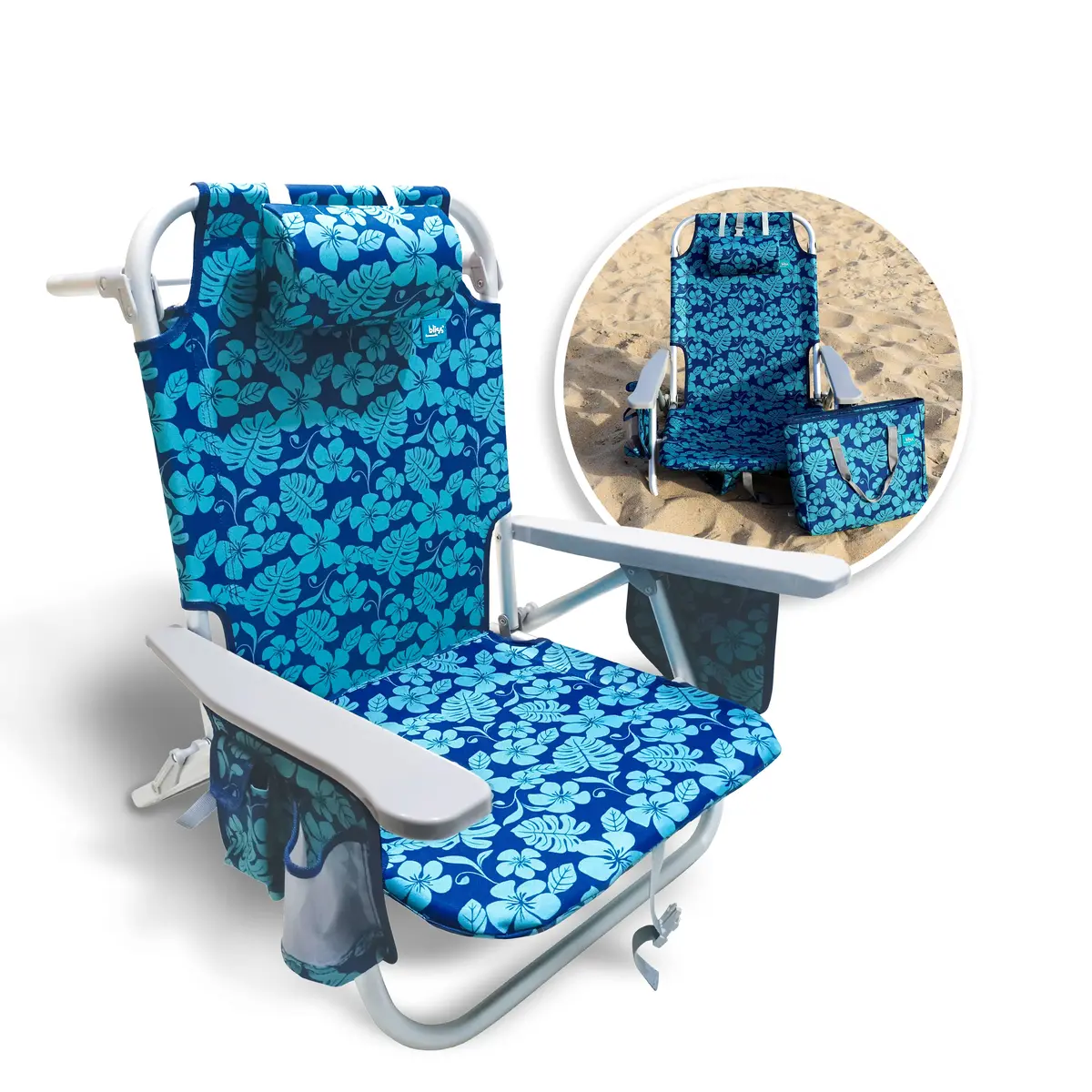 Bliss Hammocks Bbc-350-Bf Backpack Aluminum Beach Chair W/ Side Pocket & Detachable Cooler Bag | 5 Reclining Positions | 275 Lb. Capacity (Blue Flower) 1