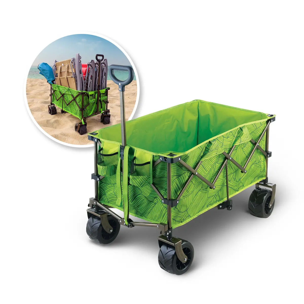 Bliss Hammocks Bhw-100-Gbl Collapsible Garden Cart/Beach Wagon W/ Storage Bag | 36-In. X 22-In. | Tool/Beverage Holders & Wheels | Waterproof | 175 Lb. Capacity (Green Banana Leaf) 1