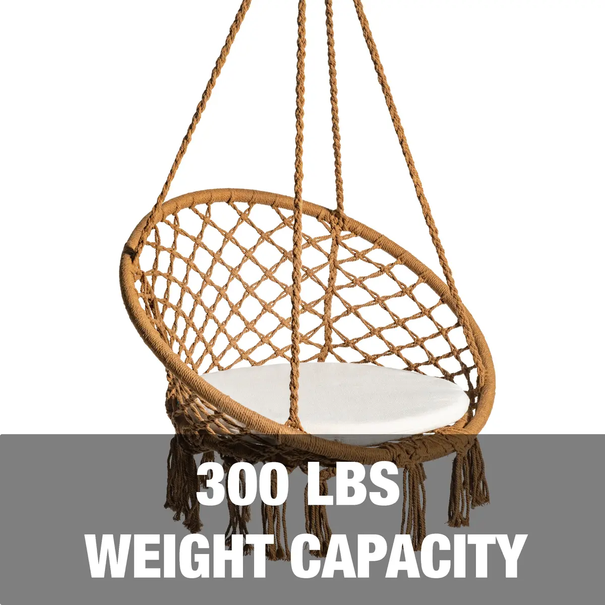 Bliss Hammocks Bhc-102Brn Macramé Swing Chair W/ Fringe & Padded Cushion | 31.5-In. Wide | Bohemian Style Design | 300 Lb. Capacity (Brown) 2