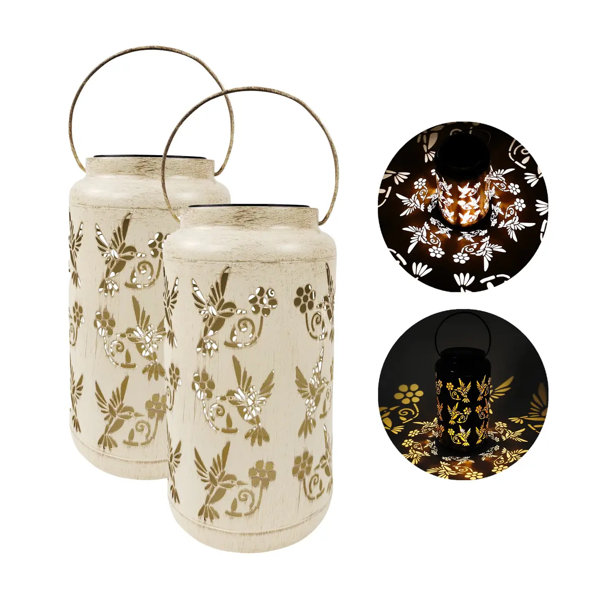 Bliss Outdoors Bsl-309-Wh Set Of 2 Solar Led Lanterns W/ Humming Bird Design & Hand Painted Finish | 9-In. Tall | Waterproof Ip44 (White) 1