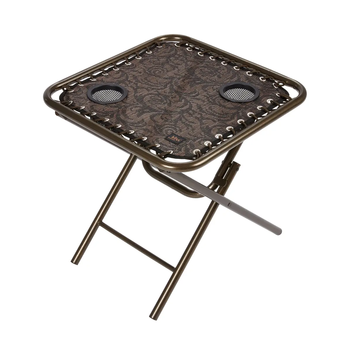 Bliss Hammocks Gfc-Tbl-J Folding Side Table W/ 2 Built-In Cup Holders | 20-In. Surface | Weather Resistant | 40 Lb. Capacity (Brown Jacquard) 1