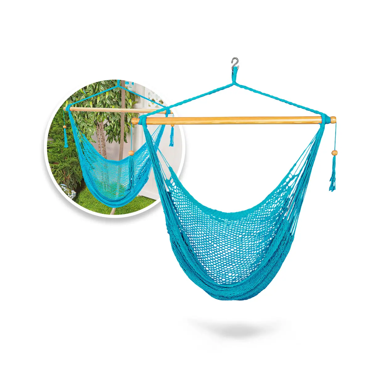 Bliss Hammocks Bhc-412Lb Island Rope Hammock Chair W/ Spreader Bar & Hanging Hardware | 40-In. Wide | 265 Lb. Capacity (Light Blue) 1